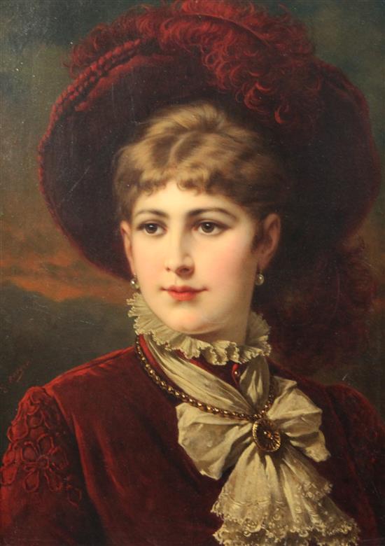 Circle of Ernst Berger (1857-1919) Portraits of elegant young ladies, 21.5 x 15.5in.